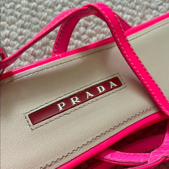 Prada Neon Pink Patent Leather Sandals, Wedge Heel, Size 8 1/2 - Picture 6 of 10